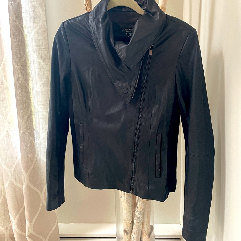 Lamarque Black Leather Asymmetrical Zip Jacket